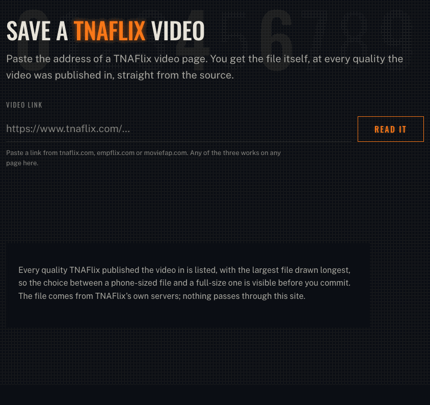 The tnaflixdl tool in use: a link is pasted, the video record appears, six qualities are listed with their real file sizes, and one is picked